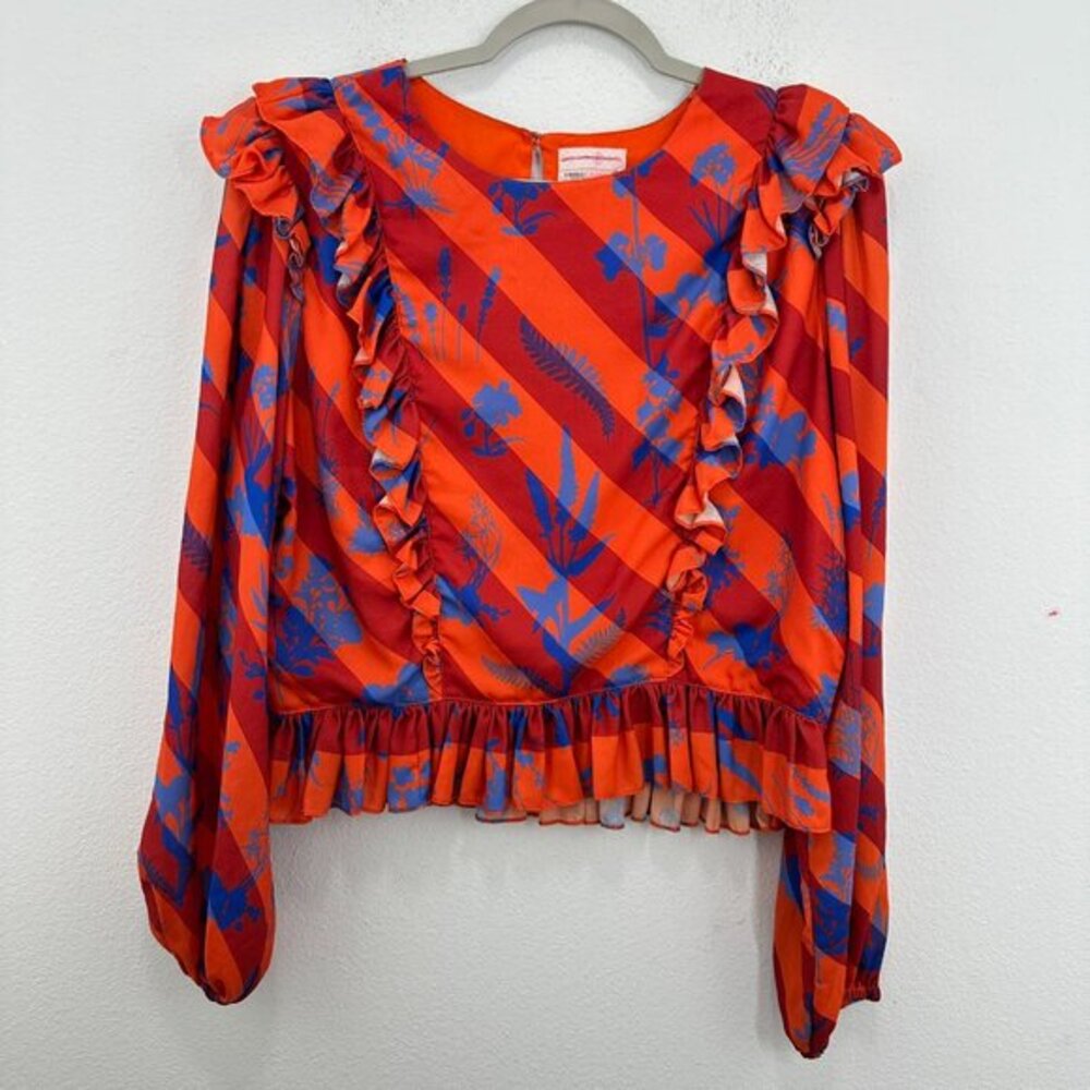 Siddhartha Bansal Orange Blue Ruffle Floral Print Striped Blouse Top Long Sleeve